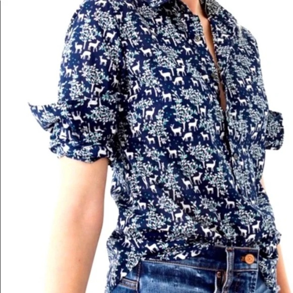 J. Crew Navy and White Forest Print Blouse